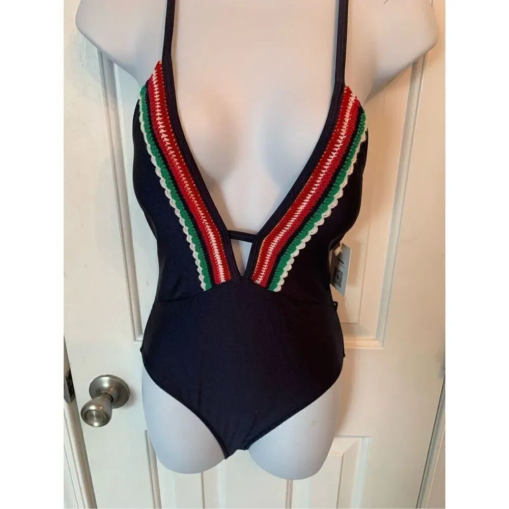 Cupshe Womens small Swimsuit One Piece V Neck Crocheted Trim Navy Blue Strappy